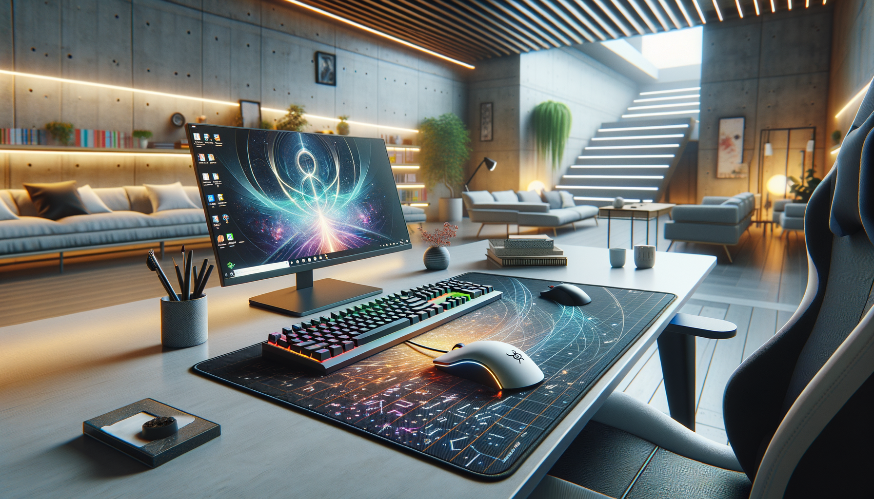 Tapis de souris XXL pour bureau professionnel, design manga et gaming sur un bureau moderne.