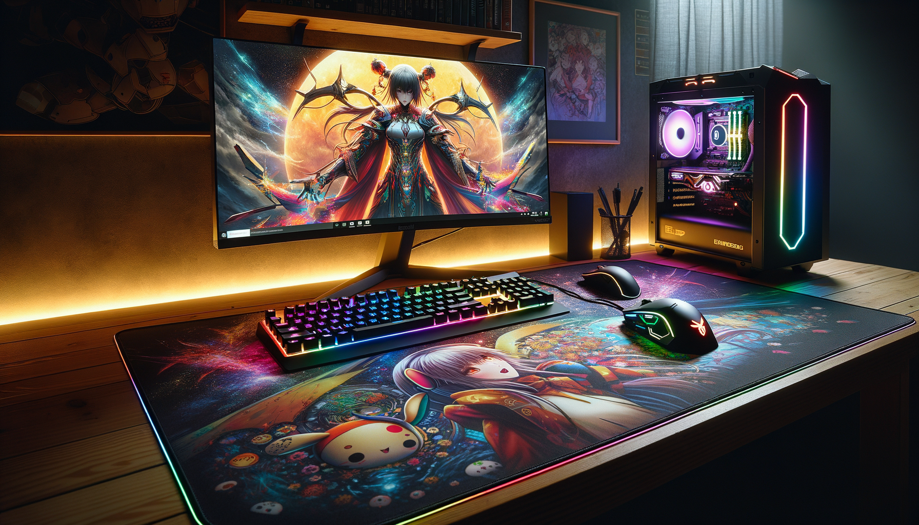 Image d'un setup gaming avec un tapis de souris XXL aux graphismes anime, parfait pour les gamers.