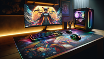 Image d'un setup gaming avec un tapis de souris XXL aux graphismes anime, parfait pour les gamers.