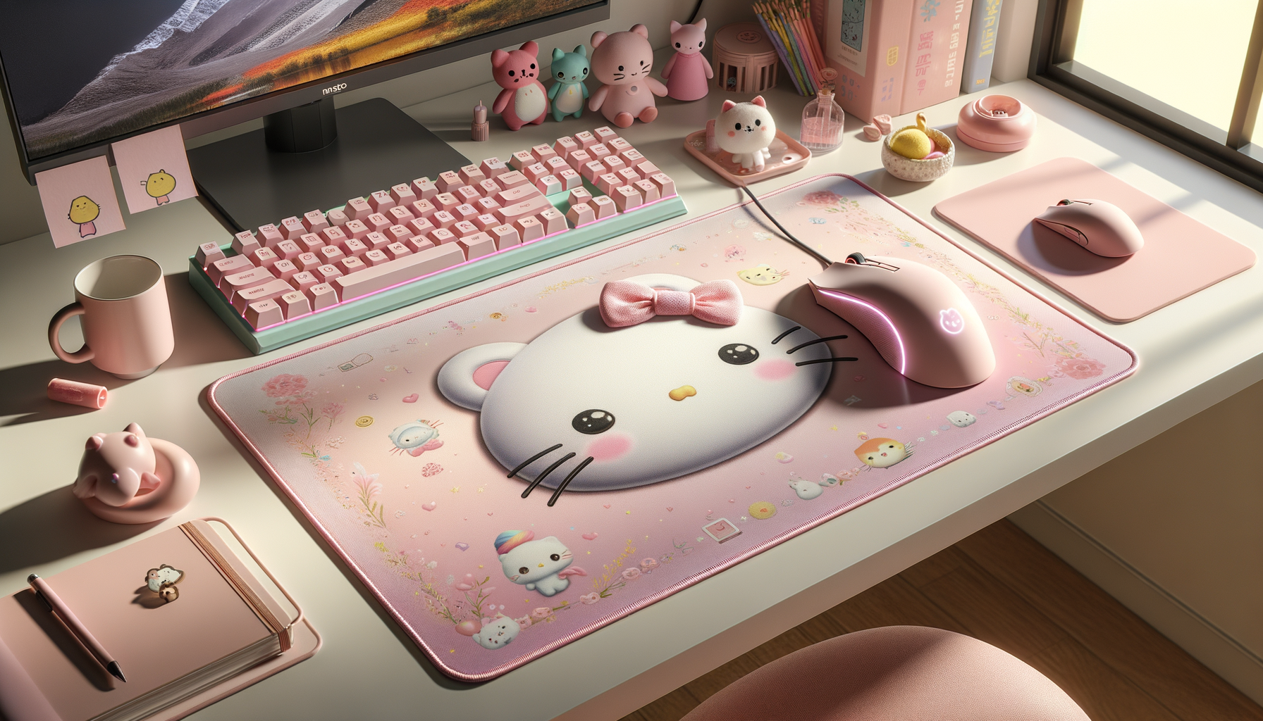 Tapis de souris xxl rose avec designs kawaii sur un bureau esthétique.