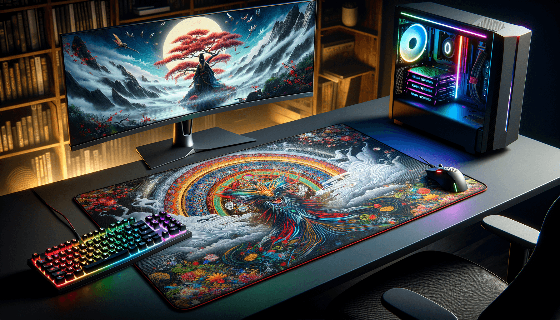 Tapis de souris XXL gaming avec artwork manga sur un bureau moderne.
