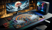 Tapis de souris XXL gaming avec artwork manga sur un bureau moderne.