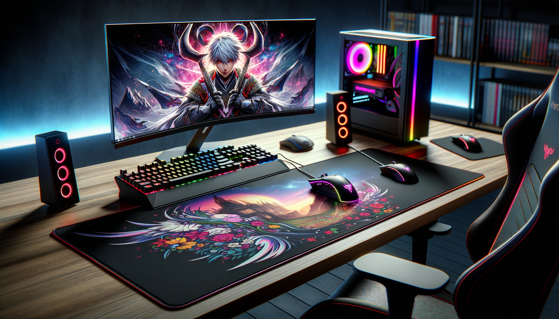 Titanwolf tapis de souris XXL sur un bureau de jeu moderne avec RGB.