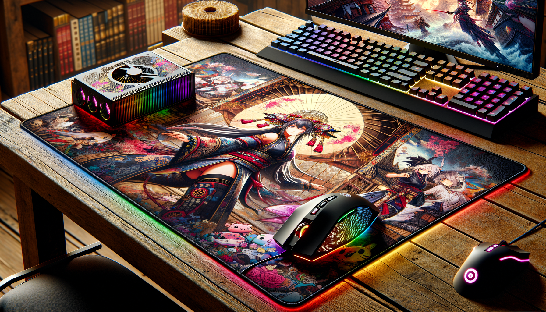 Tapis de souris XXL inspiré de l'univers gaming avec des designs manga colorés.