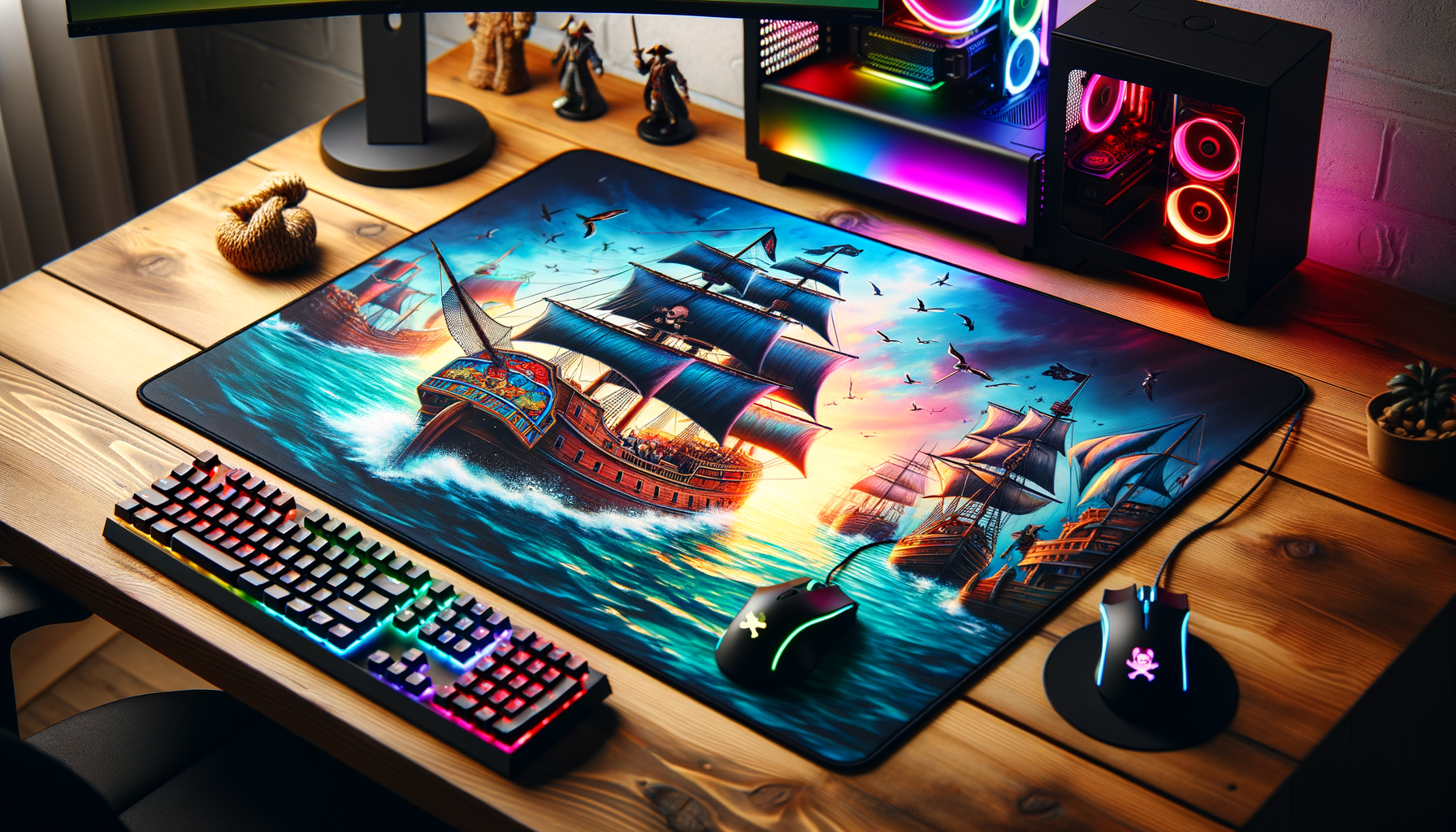 Tapis de souris XXL One Piece sur un bureau gamer avec Luffy et son équipage.