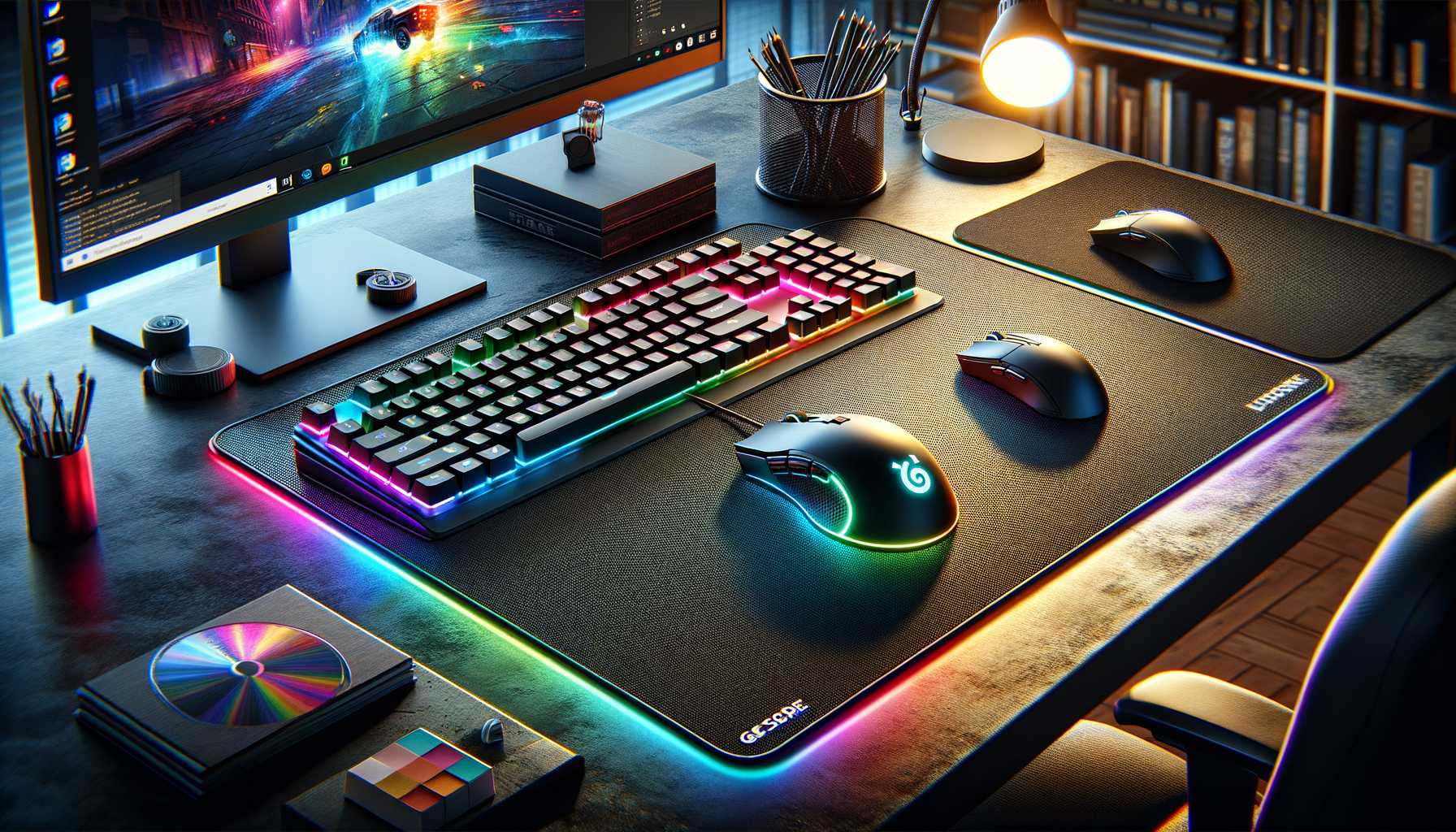 Tapis de souris XXL 1200x600 RGB sur un bureau moderne avec clavier et souris gaming.
