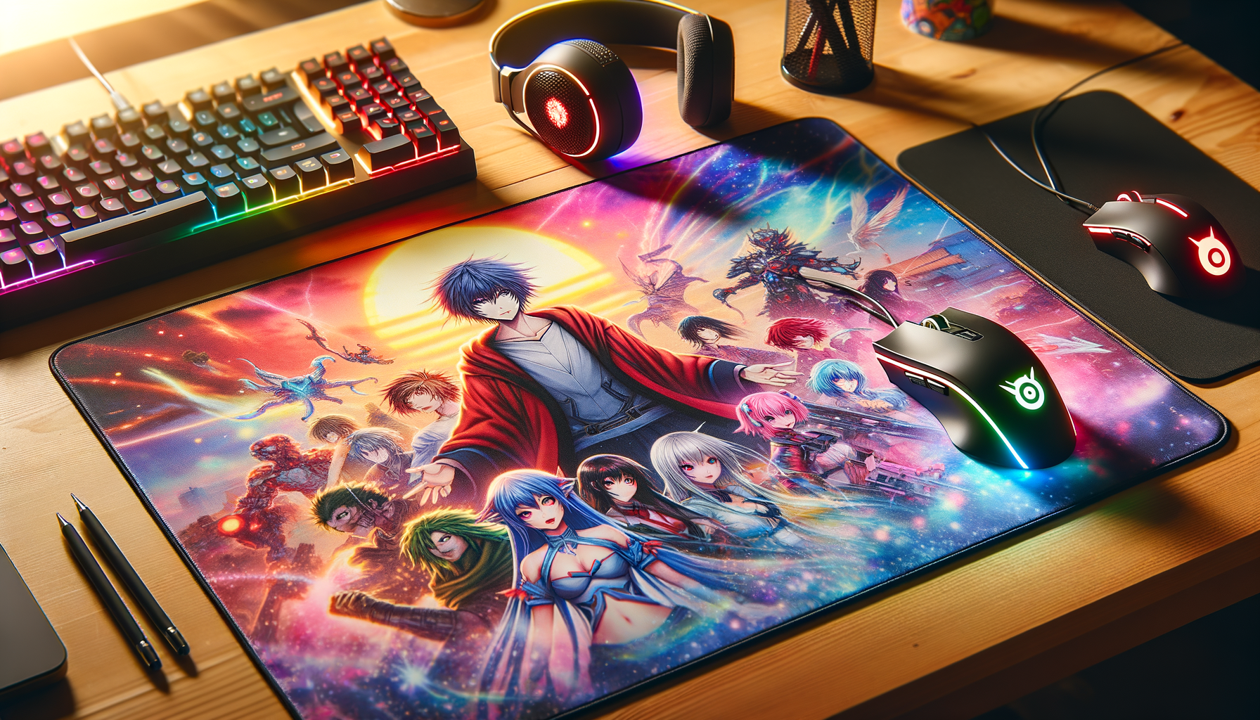 Tapis de souris XXL personnalisé avec des illustrations inspirées d'anime sur un bureau gaming.
