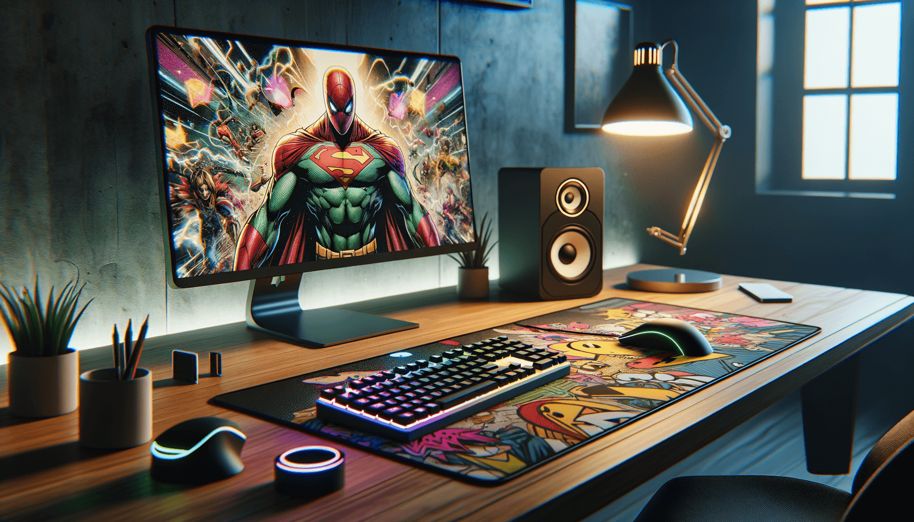 Tapis de souris XXL 1200x600 avec motif manga dans un espace de travail moderne.