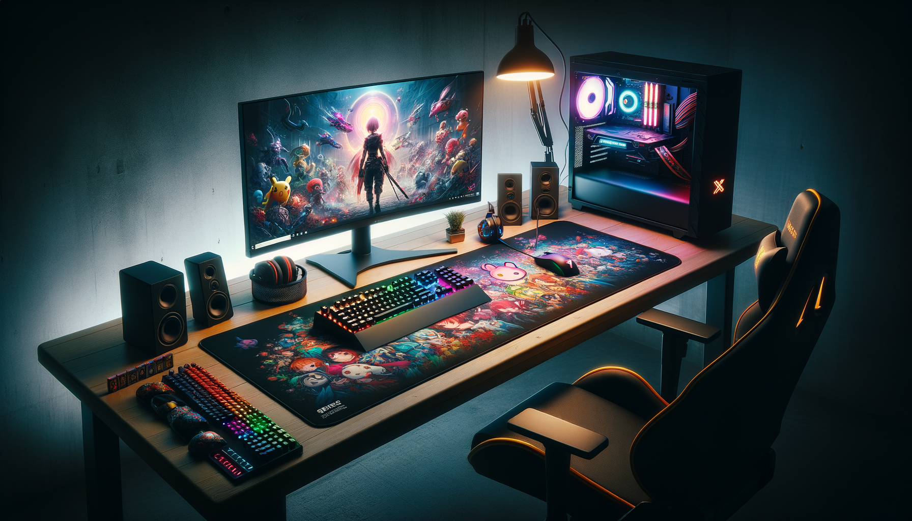 Exemple de setup gamer avec tapis de souris XXL et accessoires gaming vibrants.