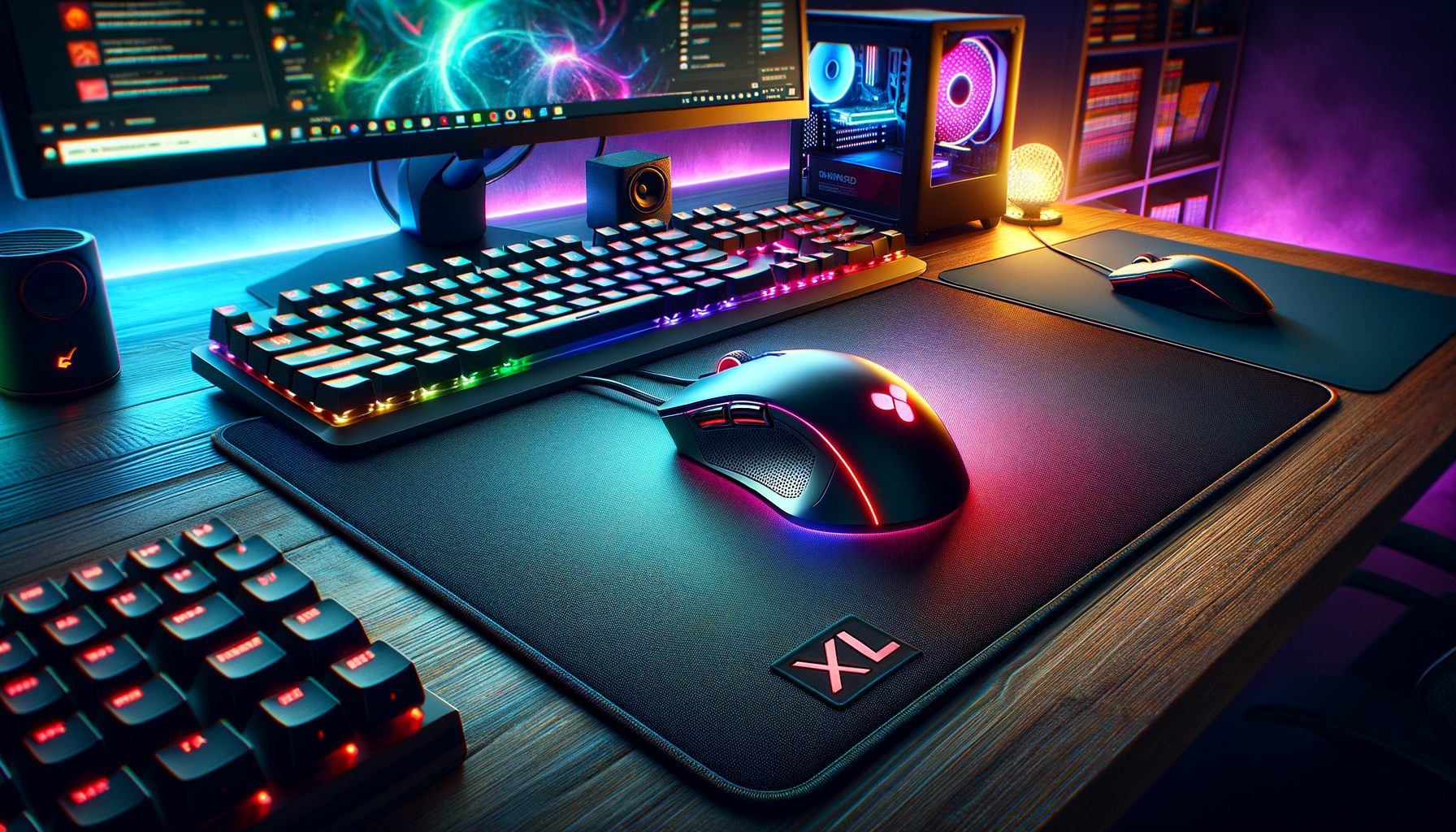 Découvrez le tapis de souris XXL SteelSeries QcK sur un bureau gamer moderne avec éclairage LED.