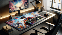 Image d'un tapis de souris XXL ergonomique coloré inspiré manga sur bureau moderne.