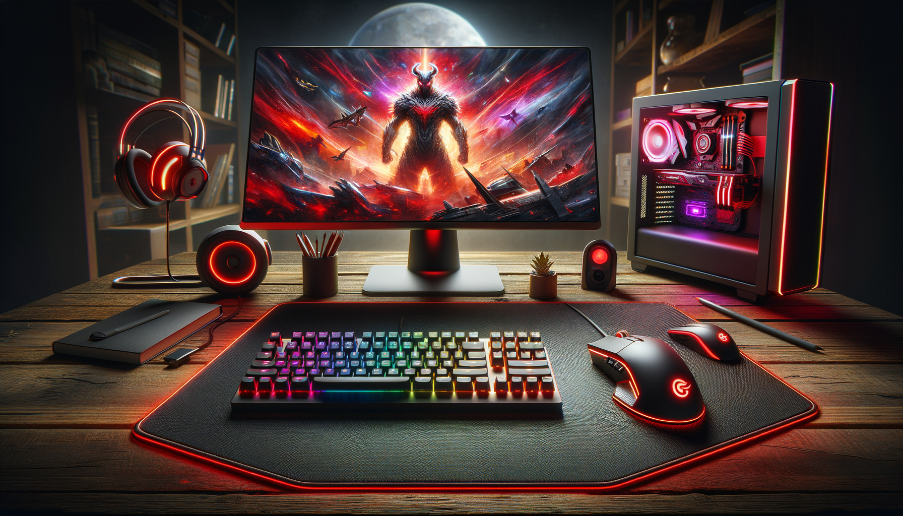 Tapis de souris XXL rouge au design audacieux dans un setup gamer moderne.