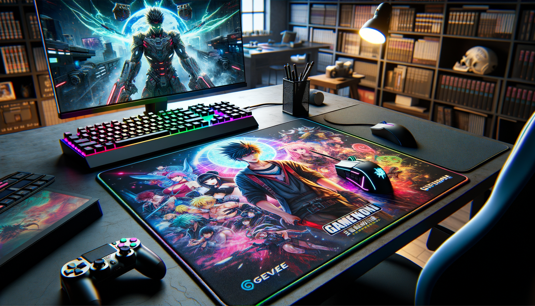 Tapis de souris XXL Qilive dans un setup gaming moderne avec RGB.