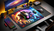 Tapis de souris xxl rgb 900x400 avec motifs colorés sur un bureau gamer.
