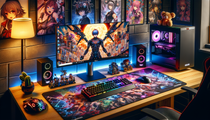 Tapis de souris XXL 900x400 avec design manga vibrant dans un setup gaming.