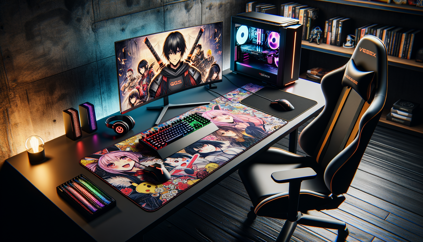 Comparatif des meilleurs tapis de souris XXL pour 2025, mettant en avant un setup gaming stylé avec des designs manga.