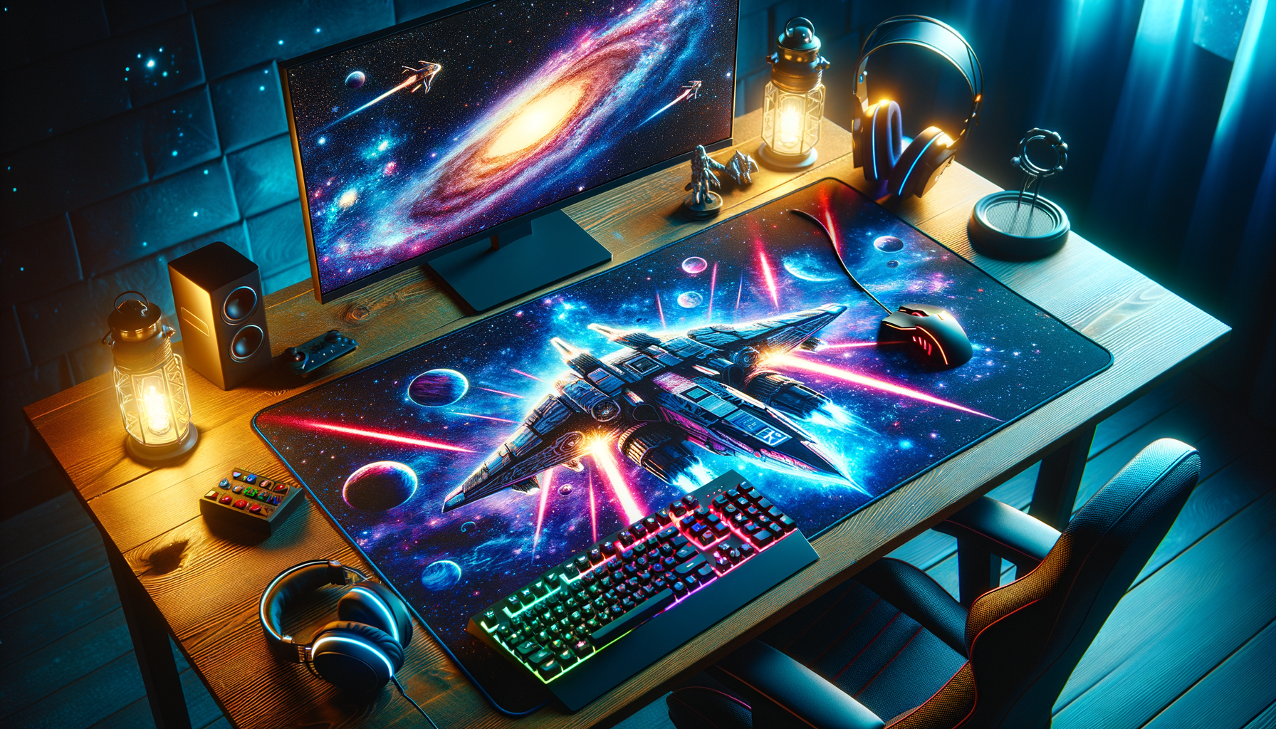 Tapis de souris XXL Star Wars dans un bureau galactique, parfait pour les gamers.