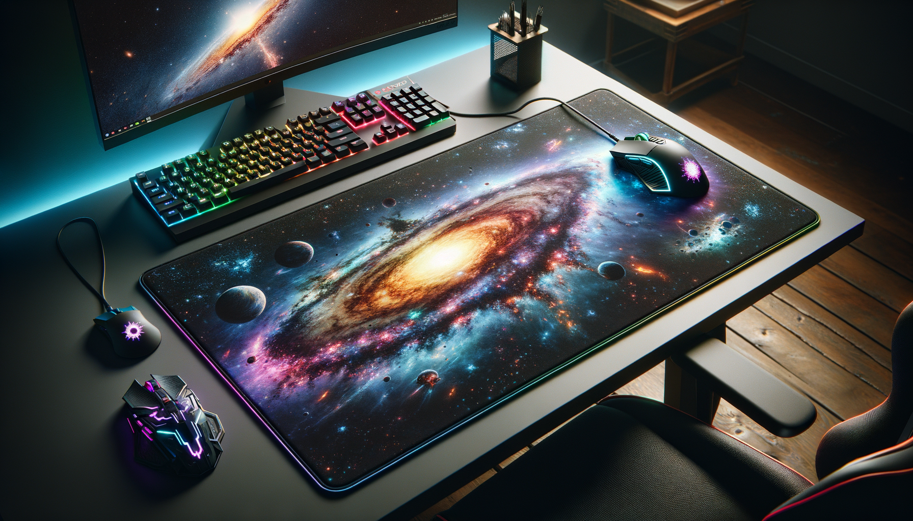 Tapis de souris FlowUp Space XXL RGB sur un bureau gamer moderne