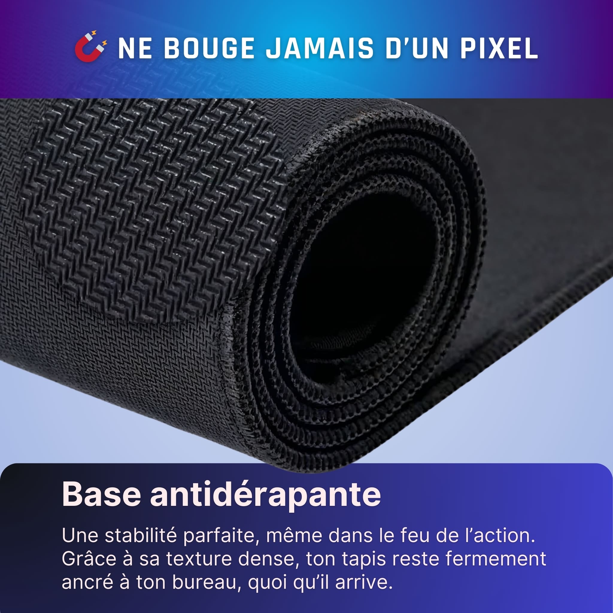 Base antidérapante d’un tapis de souris XXL gaming assurant stabilité sur le bureau