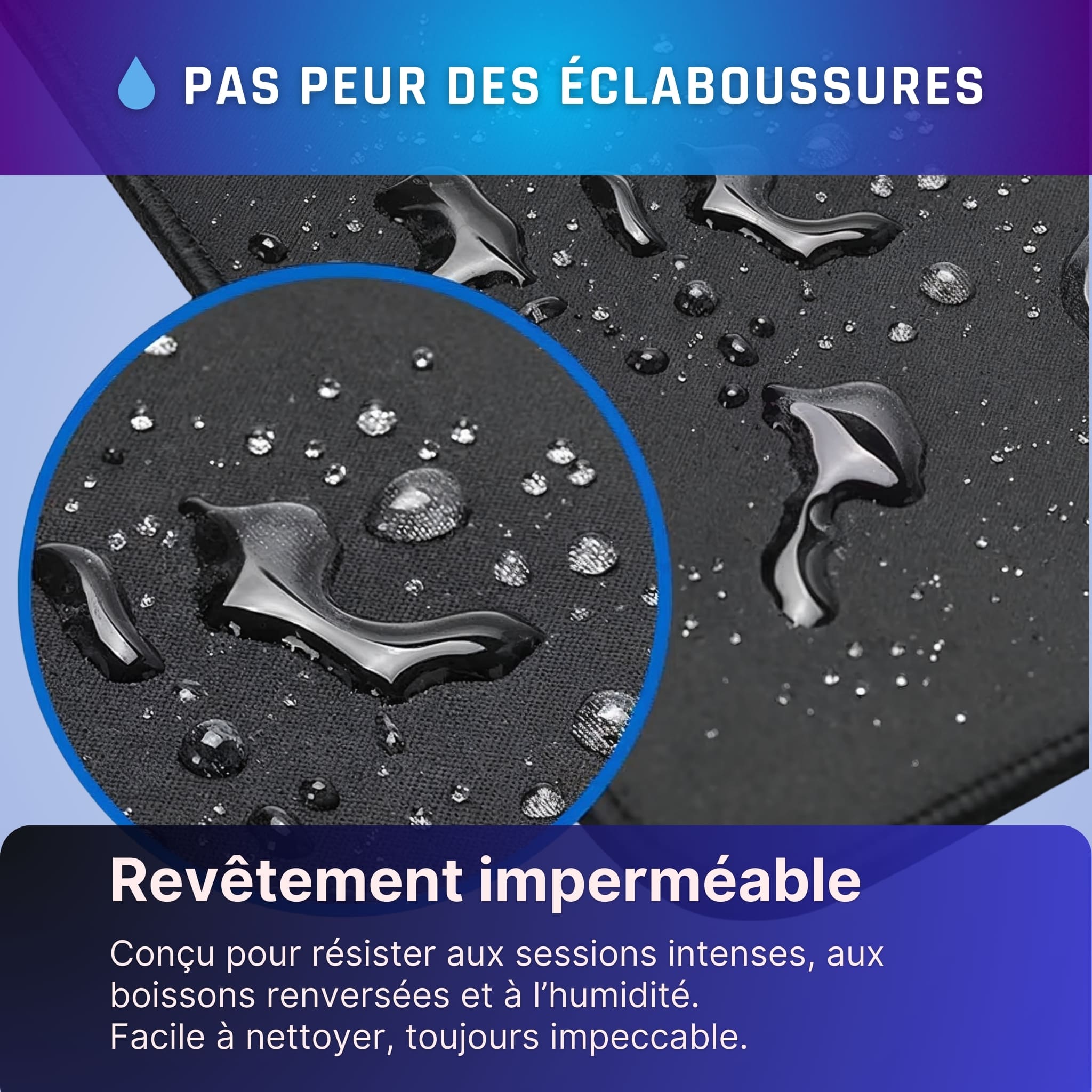 Surface imperméable avec gouttes d’eau sur un tapis de souris XXL pour gamers