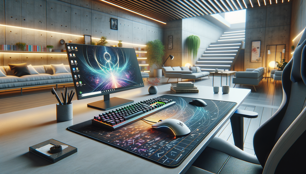 Tapis de souris XXL pour bureau professionnel, design manga et gaming sur un bureau moderne.