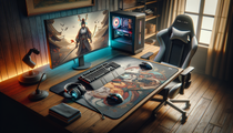 Un setup gaming moderne avec un tapis de souris XXL et des accessoires gaming.