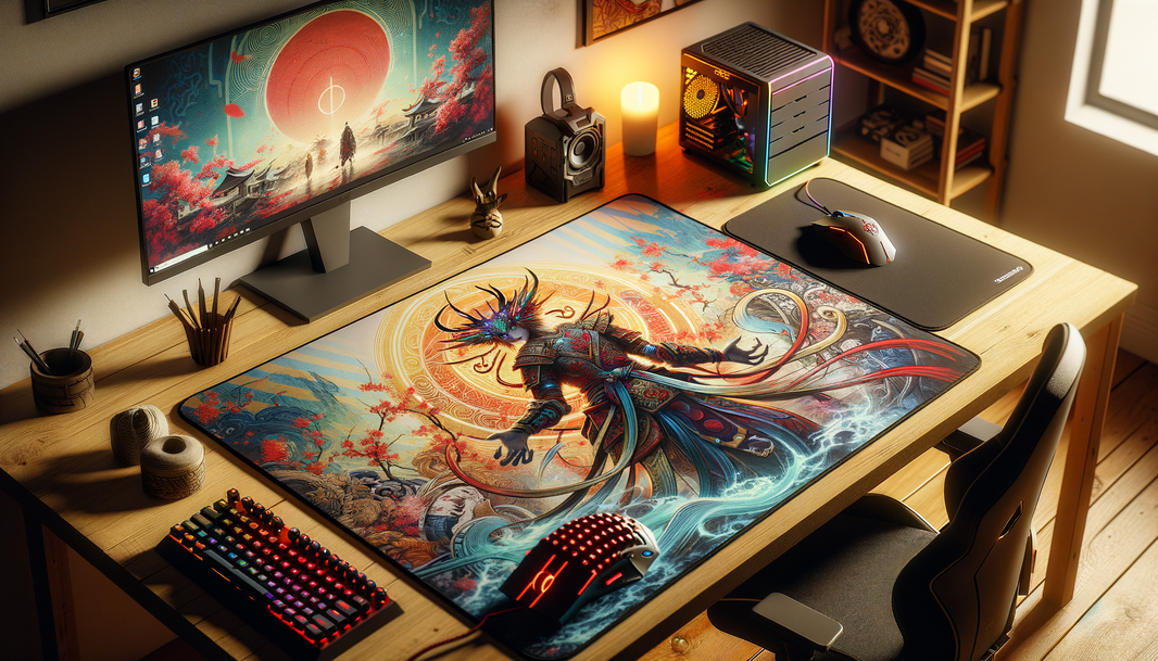 Tapis de souris XXL Boulanger avec designs manga sur un bureau gaming moderne.