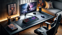 Tapis de souris XXL noir sur un bureau minimaliste de gamer avec équipements modernes.