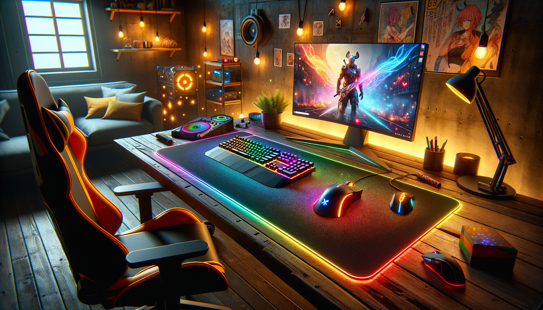 Tapis de souris XXL lumineux avec éclairage RGB sur un bureau de jeu moderne