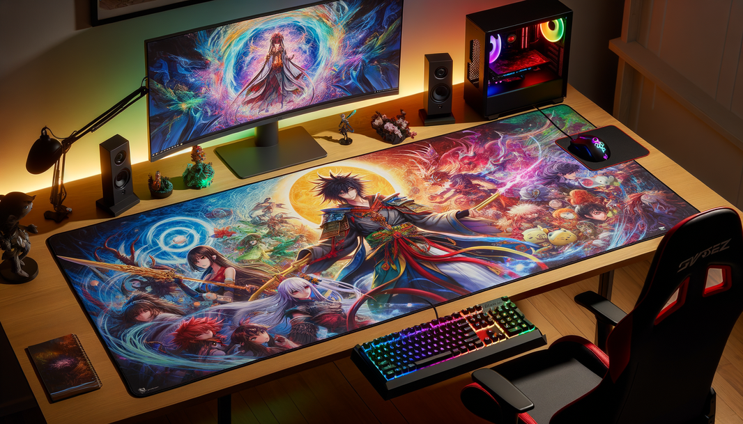 Tapis de souris XXL Jujutsu Kaisen avec des personnages vibrants sur un bureau de gamer.