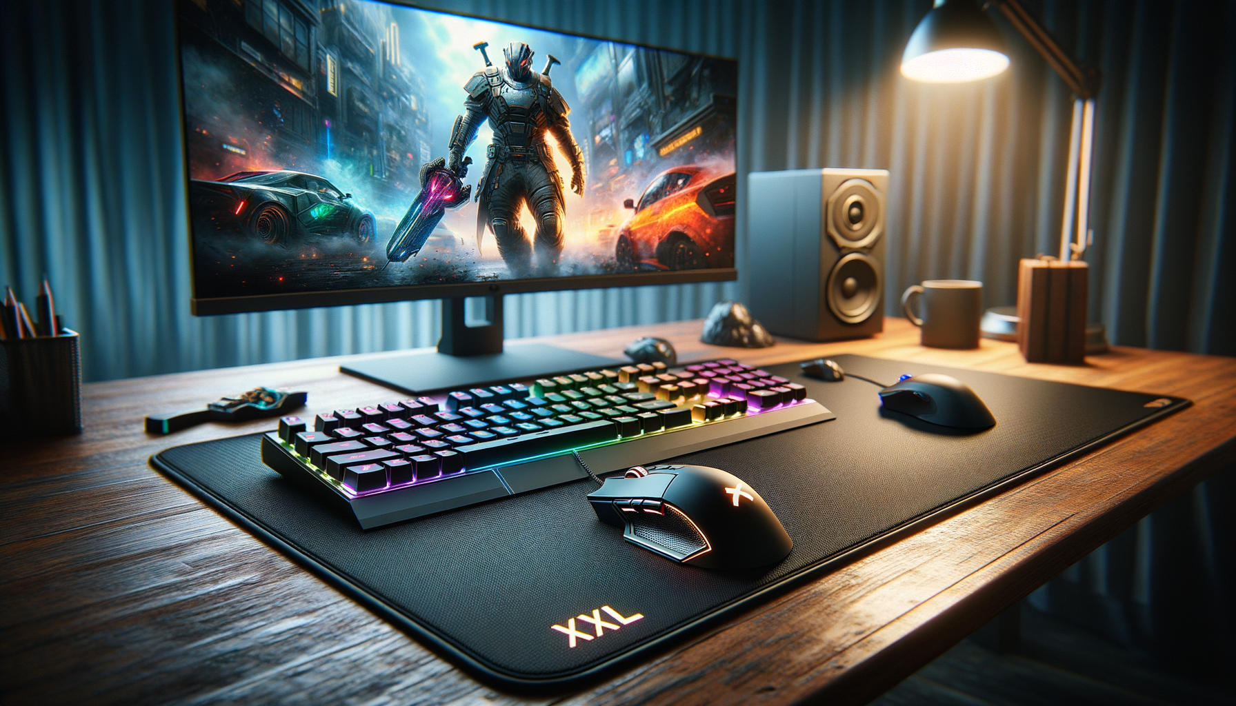 Tapis de souris XXL avec repose poignet, parfait pour le gaming ergonomique.