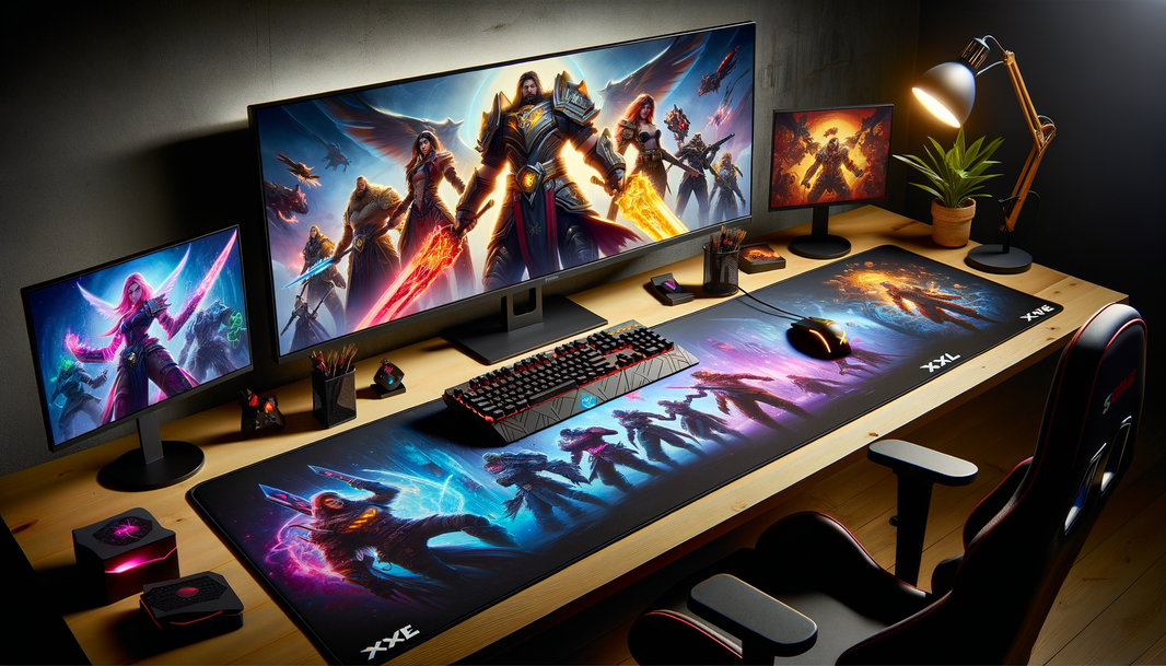 Découvrez un setup gaming avec tapis de souris XXL Fortnite, designs colorés et personnages emblématiques pour une expérience immersive.