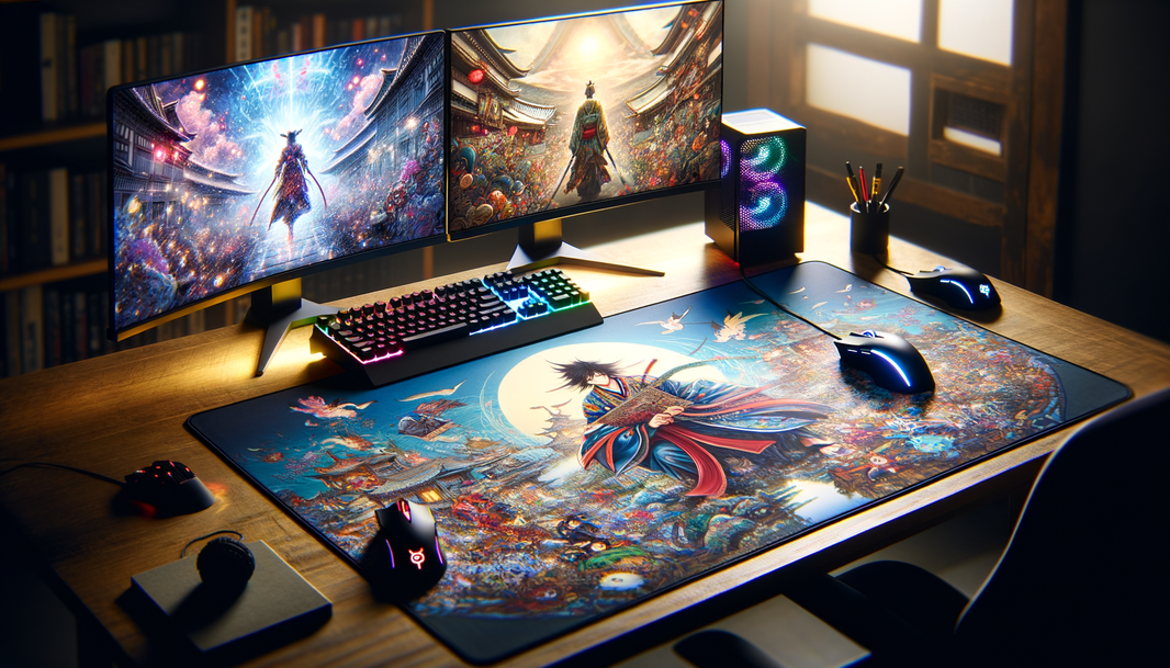 Test tapis de souris XXL avec design manga sur un bureau gaming élégant.