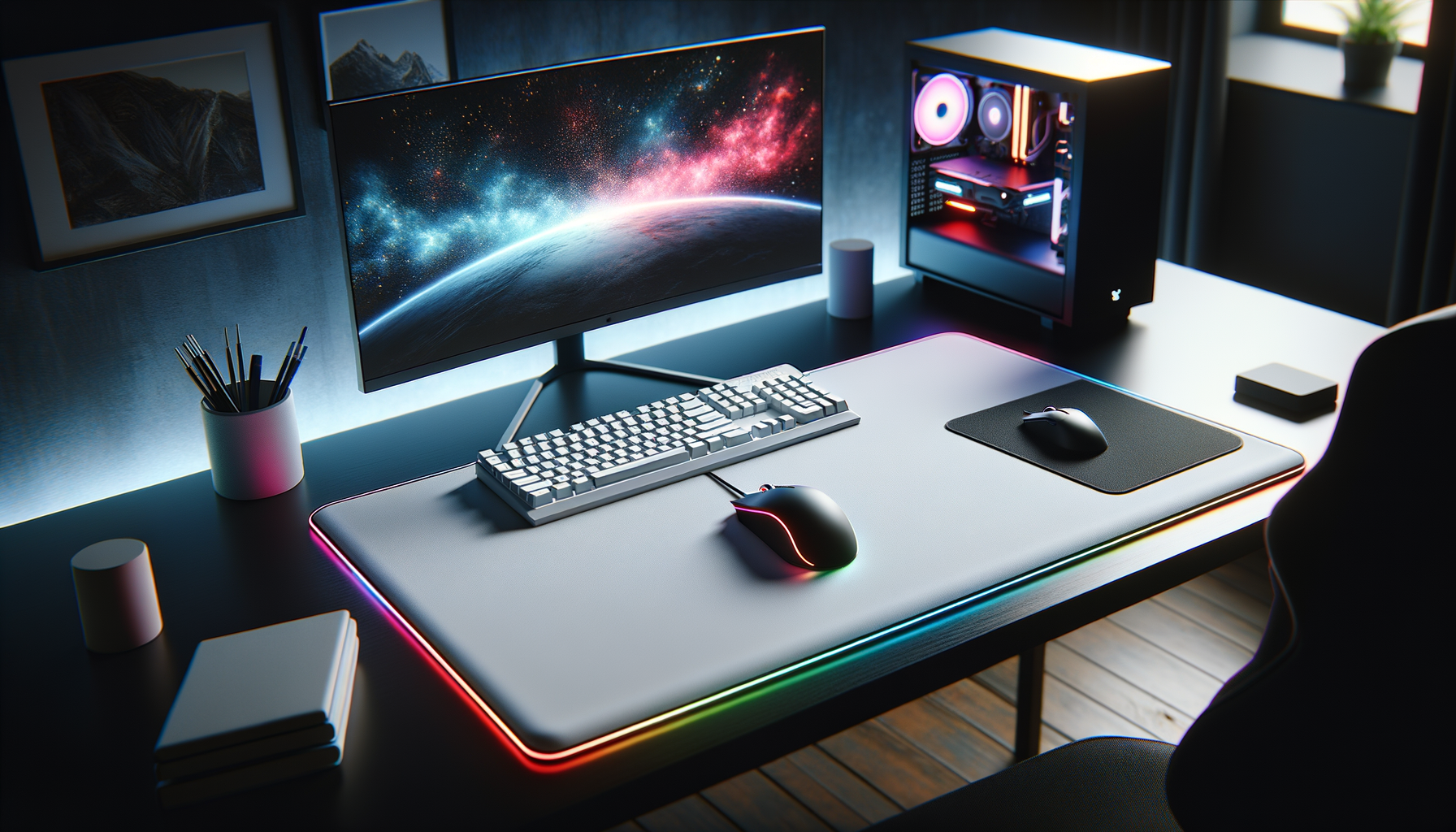 Tapis de souris XXL blanc RGB avec éclairage LED sur un bureau moderne de gamer.