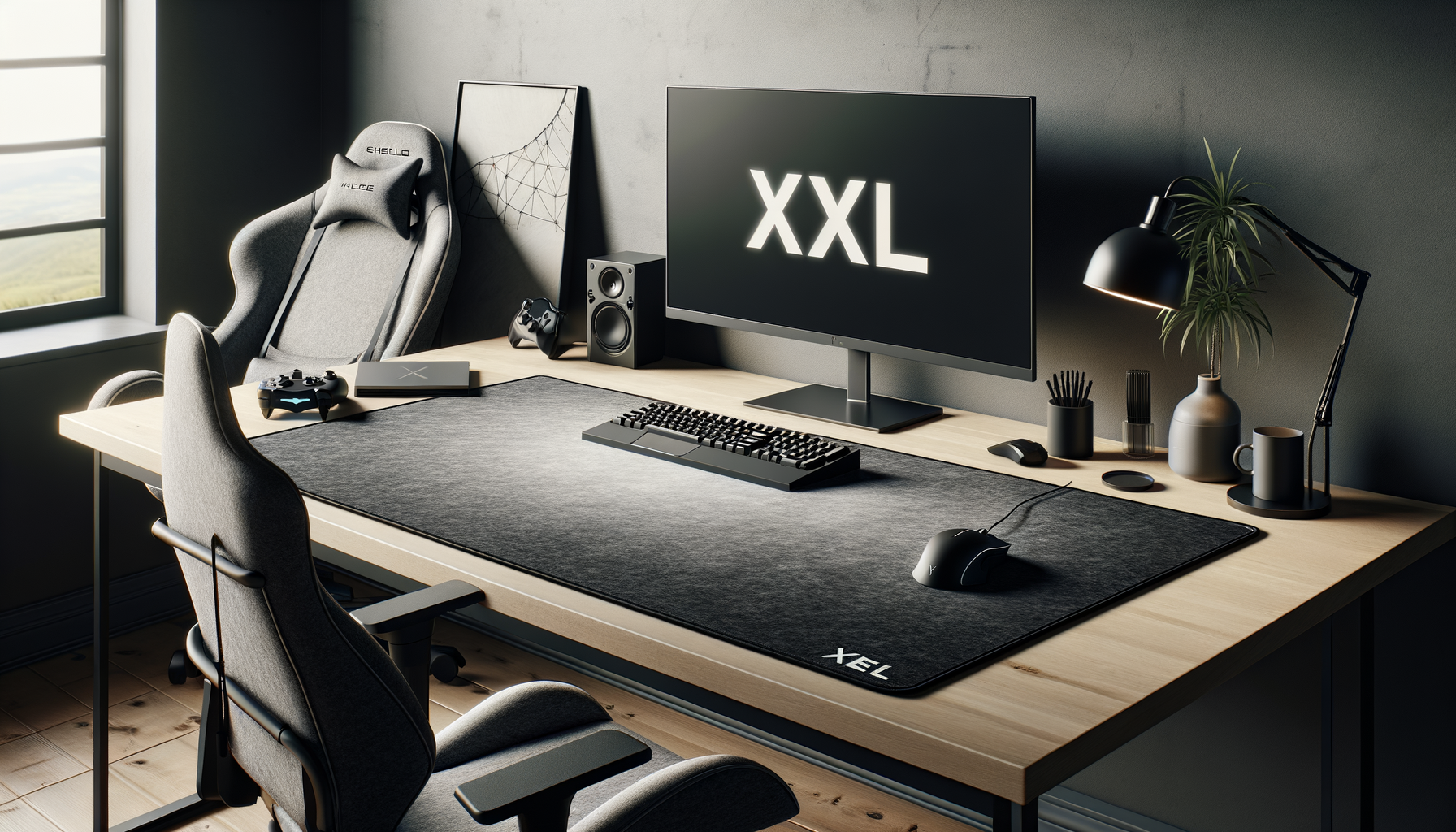 Tapis de souris XXL en feutre sur un bureau gaming moderne, parfait pour le design et le silence.