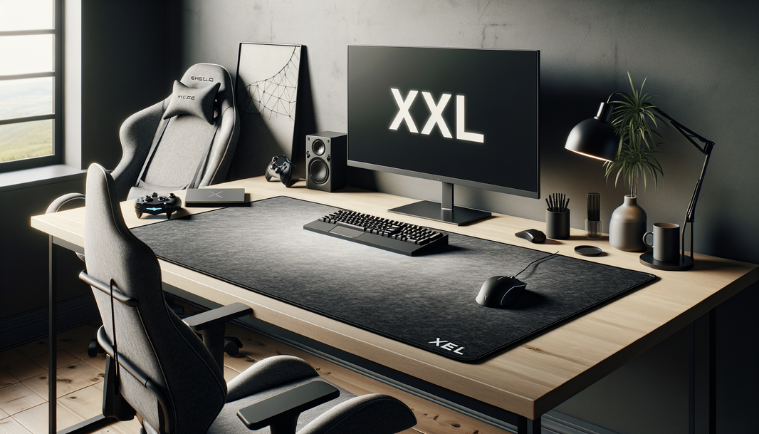 Tapis de souris XXL en feutre sur un bureau gaming moderne, parfait pour le design et le silence.