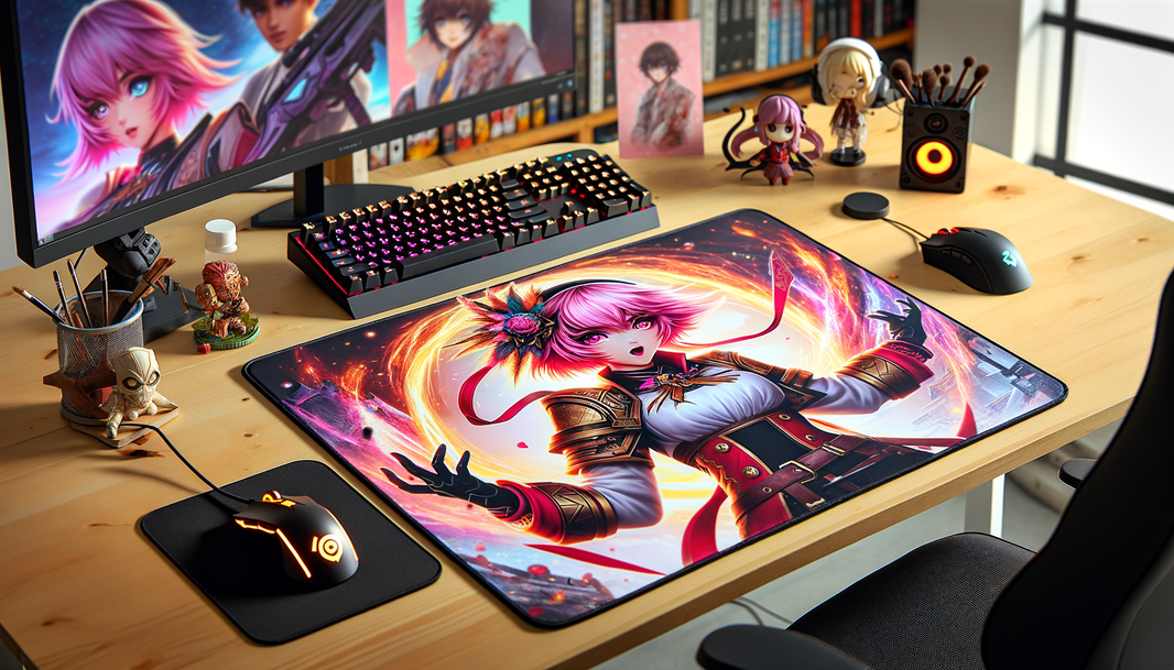 Tapis de souris XXL Zero Two de Darling in the Franxx sur un bureau de gamer, entouré de périphériques.