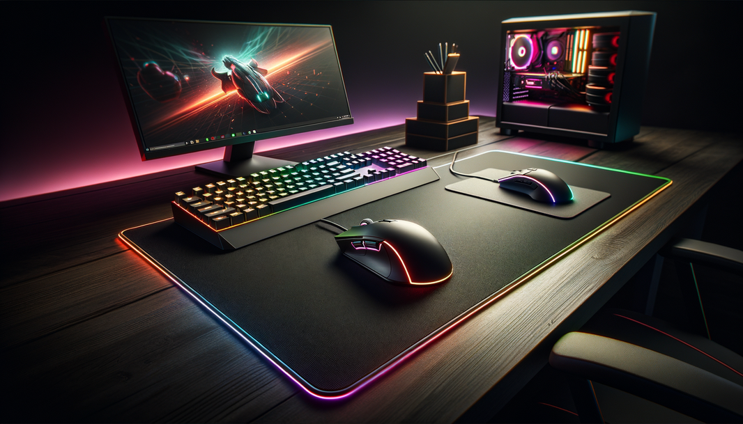 Découvrez le tapis de souris XXL RGB Corsair MM700 sur un bureau gamer moderne, éclairé par des LED colorées.