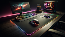 Découvrez le tapis de souris XXL RGB Corsair MM700 sur un bureau gamer moderne, éclairé par des LED colorées.