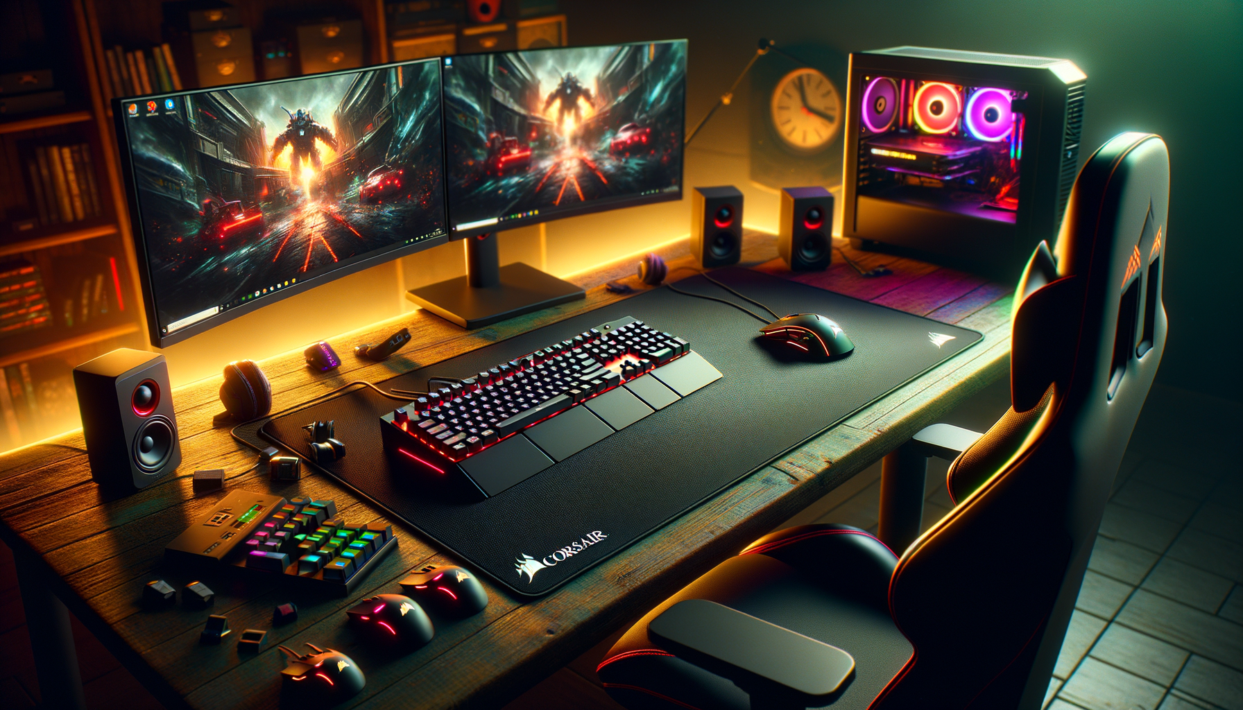 Tapis de souris XXL Corsair MM350 Pro sur un bureau gaming moderne avec éclairage RGB.