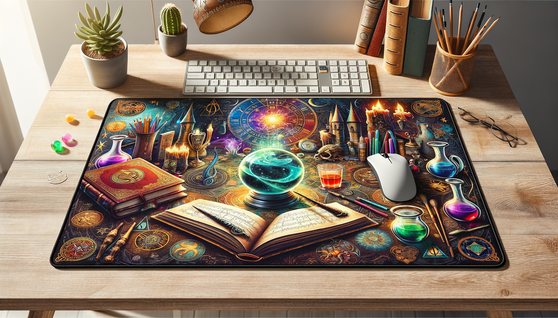 Tapis de souris XXL Harry Potter sur un bureau stylé, parfait pour les gamers et fans de la saga.