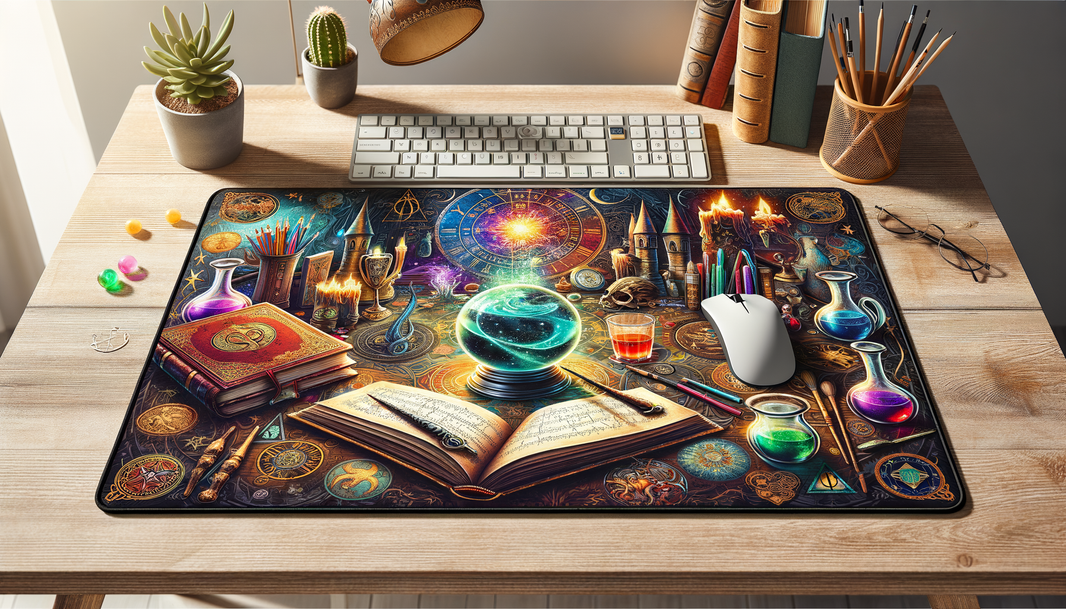 Tapis de souris XXL Harry Potter sur un bureau stylé, parfait pour les gamers et fans de la saga.