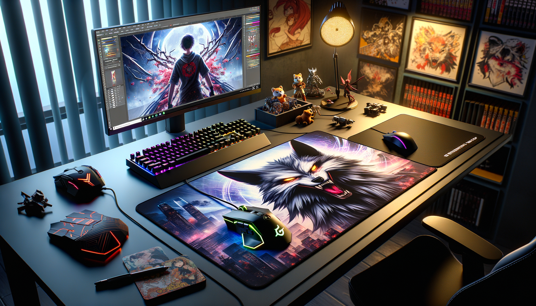 Tapis de souris XXL Titanwolf avec design manga sur un bureau gamer