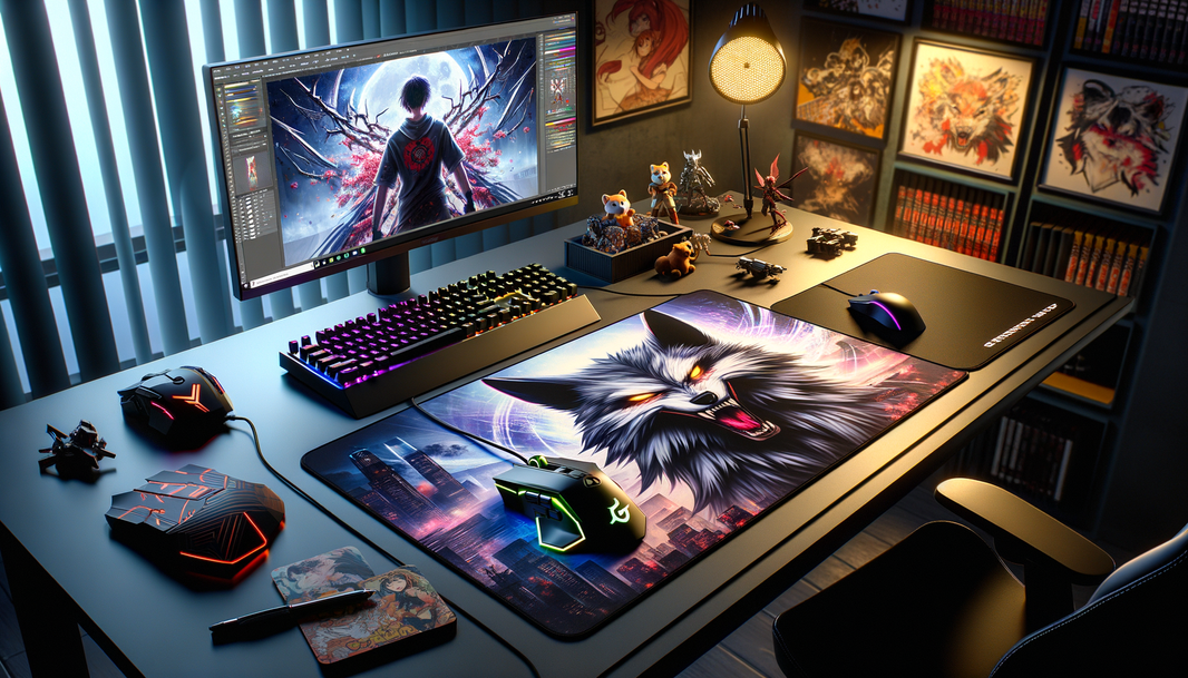 Tapis de souris XXL Titanwolf avec design manga sur un bureau gamer