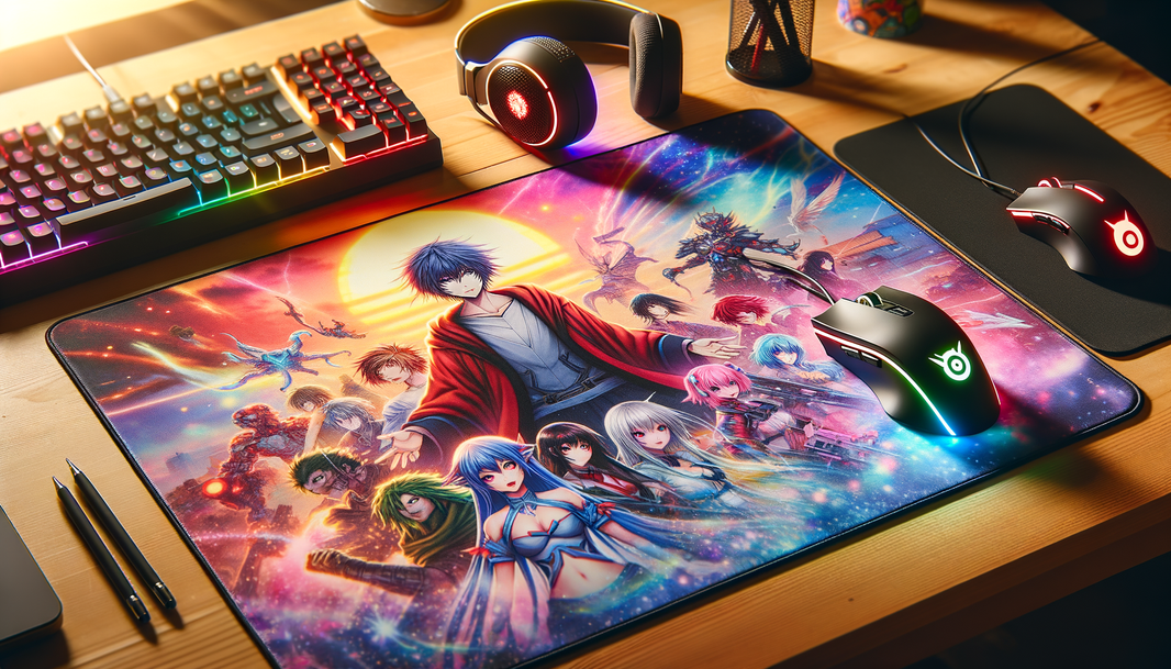 Tapis de souris XXL personnalisé avec des illustrations inspirées d'anime sur un bureau gaming.