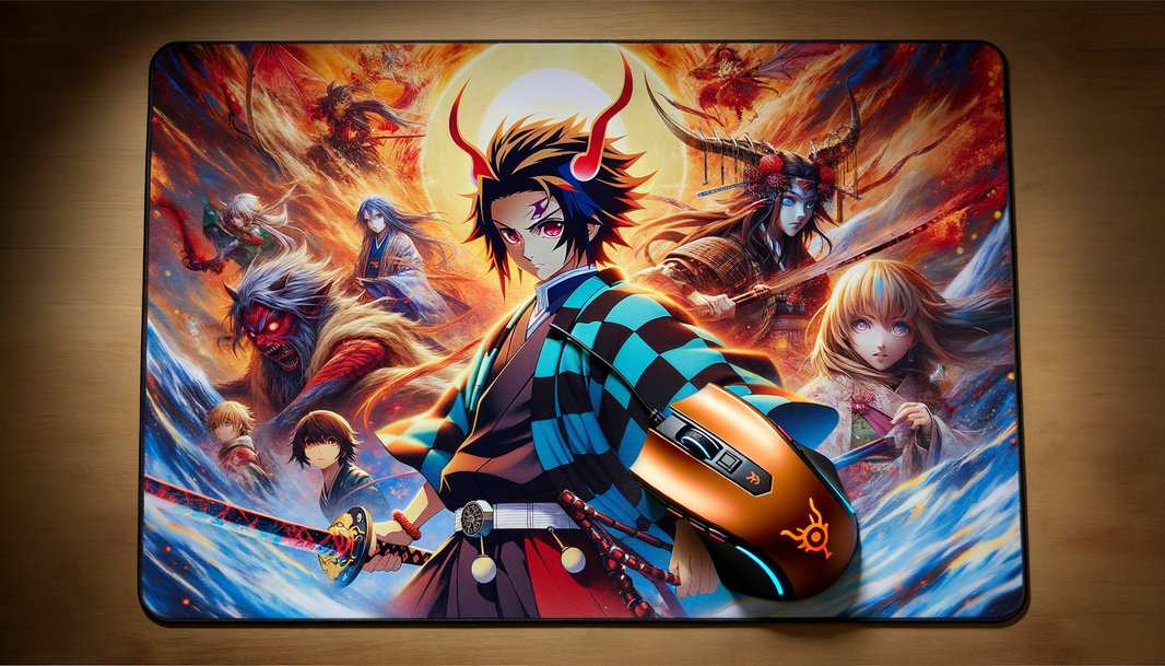 Tapis de souris XXL Demon Slayer avec personnages emblématiques en action dans un design vibrant.