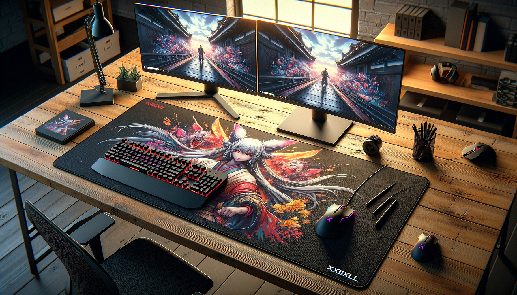 Tapis de souris XXL pour double écran avec graphiques manga et setup gaming moderne.