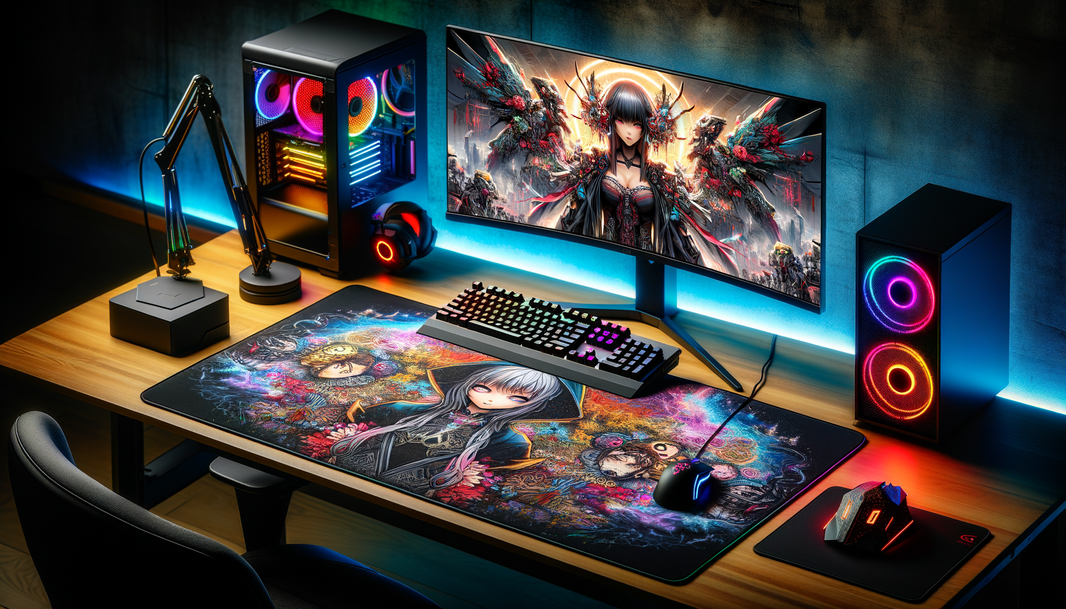 Tapis de souris XXL gamer avec graphismes manga, configuré dans un setup de jeu immersif.