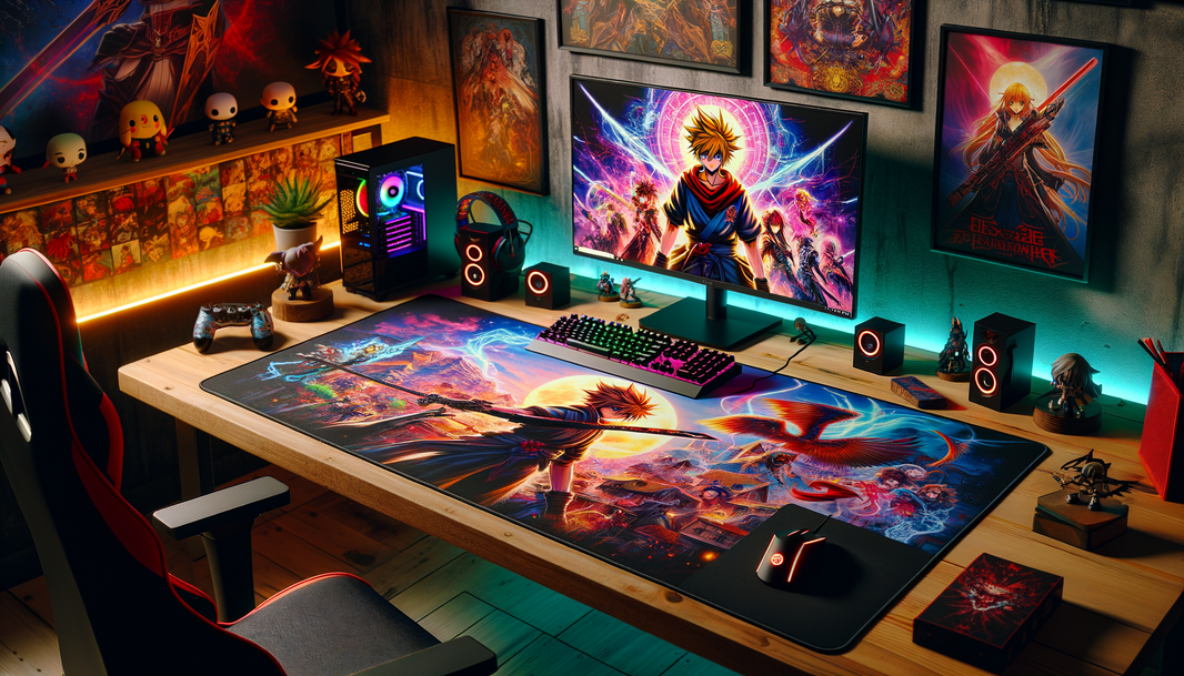 Tapis de souris XXL Dragon Ball dans un setup gamer stylé, avec lumière néon.