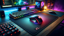 Découvrez le tapis de souris XXL SteelSeries QcK sur un bureau gamer moderne avec éclairage LED.